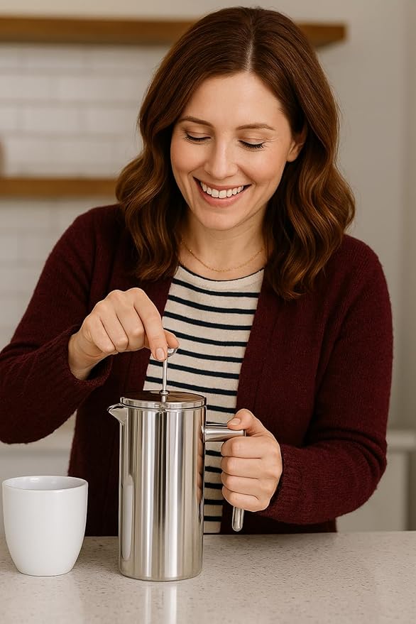 VIA CREMA French Press Coffee Maker, Stainless Steel with Glass Carafe, 1000ml/34oz or 800ml/27oz Capacity