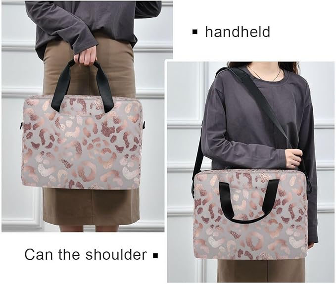 Rose Gold Leopard Print Pink Laptop Messenger Bag Case Sleeve Crossbody Briefcase for Men Women with Shoulder Strap Handle 13 14 15.6 inch