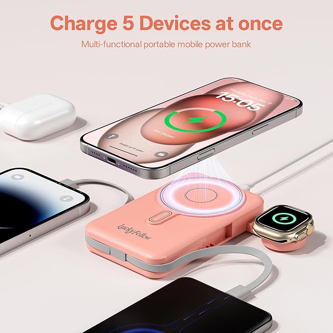 Magnetic Portable Charger Built-in Cables,10000mAh Fast Charging Wireless Charger Station External Battery Pack Slim Pocket Size Power Bank with Stand Compatible with iWatch, iPhone