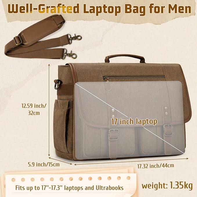 RAINSMORE Mens Messenger Bag 17-17.3 Inch Vintage Canvas Briefcase Water-resistant Large Computer Laptop Bag Rugged Satchel Shoulder Bag for Work Travel, Bookbag for College
