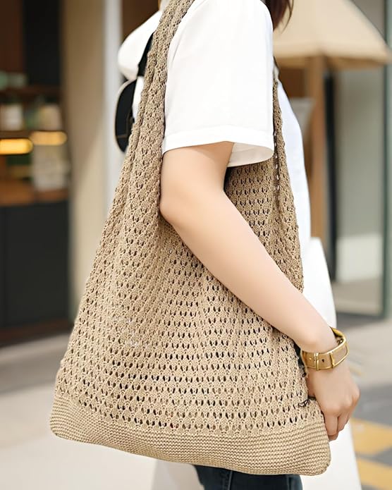 Boho Crochet Beach Tote Shoulder Bag with Colored Beads | Colorful Aesthetic Hippie Knit Bag for Women
