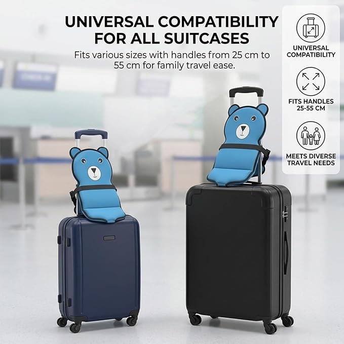 Cartoon Bear Kids Suitcase Seat with Safety Strap, Toddler Travel Essential, Luggage Seat for Family Travel, Comfortable Ride for Kids, Blue