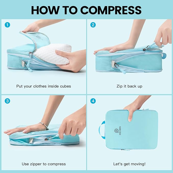 PFEYRPK Lightweight Compression Packing Cubes for Suitcases, Compressible Expandable Travel Packing Organizer with Clear Toiletries and Backpack Bag, Travel Essentials for Carry on Luggage 7 Set