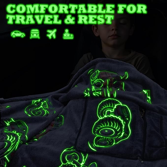 Truck Travel Blanket Pillow, Travel Blanket Airplane Compact with Bag, Pillow Blanket for Kids, Airplane Blanket for Long Flights, Plane & Car Travel Essentials, Glow in The Dark, Camping Outdoor