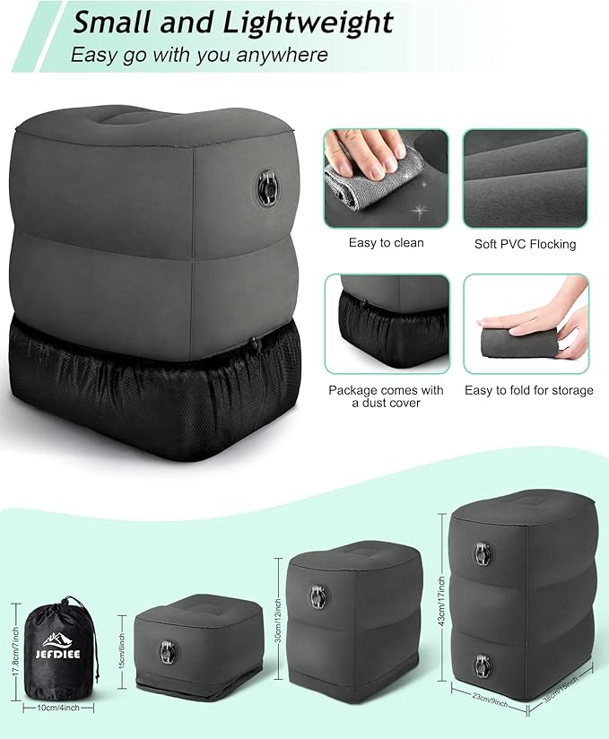 Inflatable Travel Foot Rest Pillow, Kids Airplane Bed, Adjustable 3 Layers Height Leg Rest Pillow, Adults Travel Essentials Great for Airplane, Office, Home, Trains, Cars (Dark Grey)