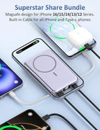 Aobbow Magnetic Portable Charger, 10000mAh Power Bank, 5 in 1 Portable Charger with Built in Cable, 20W Fast Charging for Magsafe Battery Pack Compatible with iPhone 17/16/15/14/13 Pro/Pro Max Series