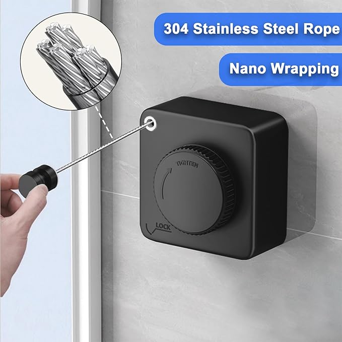 Retractable Clothesline Indoor & Outdoor, 16.2 Ft Non-Sagging Stainless Steel Laundry Washing Line with Wall Mounted Heavy Duty Design, Space-Saving Clothing Drying Rack (1, Black)