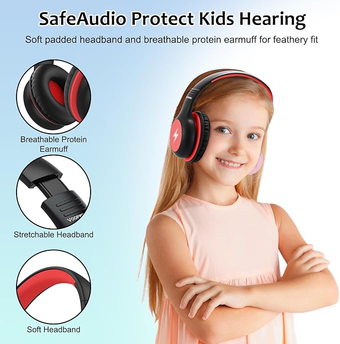 Voopwink Kids Headphones Wired with Microphone, USB Type C Headphones for Kids Girls Boys with Cord/LED Lights/85/94dB Volume Limit, Portable Over Ear Headphones for School/Travel/Tablet/iPad