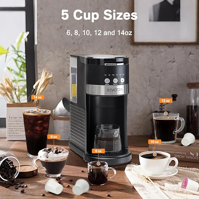 REVOTRA Single Serve Coffee Maker for Pods & Ground Coffee, 6 to 14oz Brew Sizes, Strong Brew Option, Fast Brewing, Compact Design with Removable 40oz Reservoir, Travel Mug Friendly
