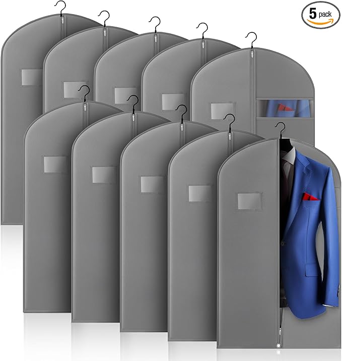 10 Pack 40-inch Suit Bag Garment Bag for Travel and Storage, Garment Bags for Hanging Clothes with Zipper and Visible Transparent Window, Gray