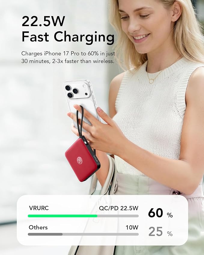 VRURC 10000mAh Portable Charger for iPhone with Built-in Cables, 22.5W Fast Charging Power Bank with LED Display, Slim USB C Battery Pack for iPhone 17, Samsung S25, Travel Essentials (Red)