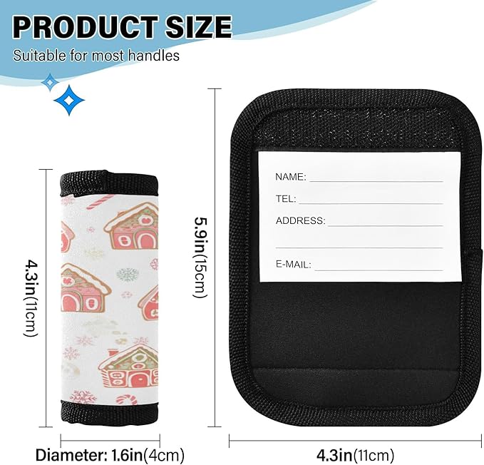 2 Pack Gingerbread Houses Luggage Handle Wrap, Detachable Luggage Tag, Neoprene Suitcase Wrap with Comfort Grip & Bright Identifier for Suitcase, Travel Bag, Sports Bag