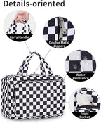 Narwey Travel Toiletry Bag for Women Large Hanging Makeup Bag Organizer Toiletries Bag for Full Size Essentials Accessories Cosmetics (Black Checkerboard (Large))