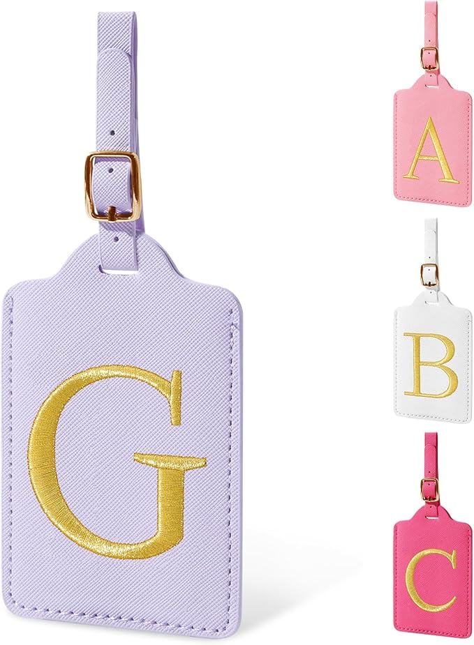 Personalized Initial Luggage Tags for Suitcase, Purple Leather Cute Luggage Tags with Privacy Cover Name Card, Embroidered Custom Monogrammed Luggage Tag Travel Backpack Tags Gifts for Women Kids(G)