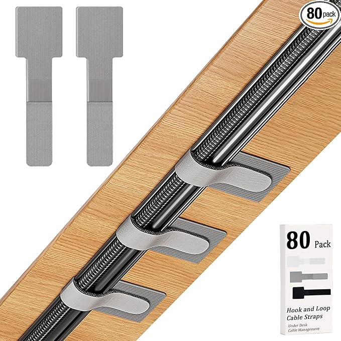 80PCS Hook and Loop Cable Straps, Cable Management Under Desk, Adhesive Cable Ties, Reusable Wire Organizers for Cords, Cords Management, Computer Accessories for Desk, Home Office Essentials, Gray