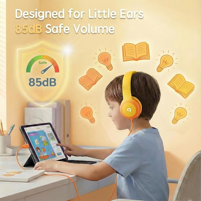 ADOOPE Wired Kids Headphones with USB C Plug, 85dB Safe Volume, Adjustable Headband, Tangle-Free Cord Headphones for School, Tablet, Travel (Yellow & Orange, Without Microphone)