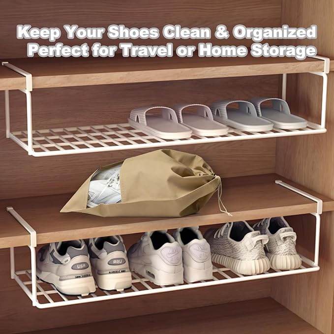20 Pack Shoe Bags for Travel, 17" x 12.6" Drawstring Shoe Organizers with Clear Window, Breathable Non-Woven Dustproof Pouches for Luggage & Closet (khaki)