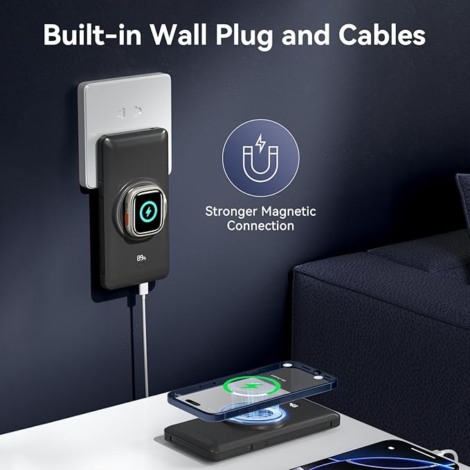 Magnetic 10000mAh Portable Charger for iWatch & iPhone, PD Fast Charging Wireless Power Bank Built-in Cables and Wall Plug, External Travel Battery Pack Compatible with iOS Android Phones