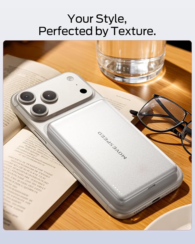 MOVE SPEED 0.3'' Ultra Slim MagSafe Portable Charger, 5000mAh Magsafe Battery Pack iPhone 17 Air Accessories, Magnetic Power Bank with USB C Port for iPhone 17 Pro Max Air/16/15/14/13/12, Pearl White