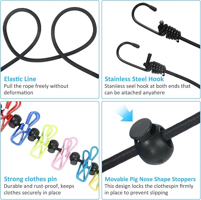Travel Clothesline with Two Magnetic Hooks for Cruise Ship Essentials, Clothes Line 12 Clothes Clips for Cruise Must Haves Essentials 2026, Portable Clothesline for Camper Essentials Car Accessories