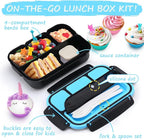 QQKO Bento Box for Kids Adults, School Toddler Lunch Box for Boys Girls, Lunch Box Containers with 4 Compartments, Sauce Container, Utensils, Food Picks and Muffin Cups for School, Black Blue