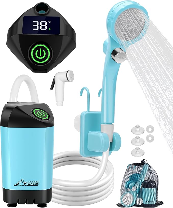 WADEO Portable Shower for Camping, Outdoor Electric Shower Rechargeable Pump with Intelligent Digital Display, Camping Shower Head Nozzle for Camping, Hiking, Traveling, Washing