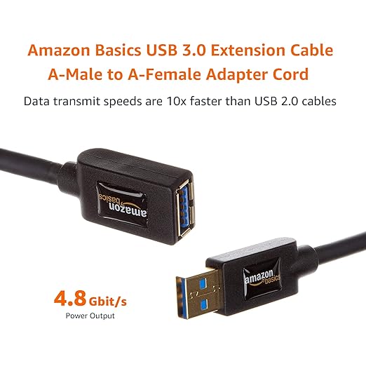 Amazon Basics USB 3.0 Extension Cable, A-Male to A-Female, 4.8Gbps High-Speed, Gold-Plated Connectors, 3.3 Foot, Black