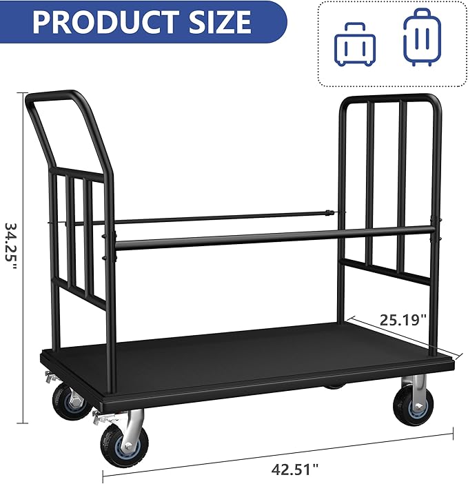Luggage Cart,Heavy-Duty Steel Luggage Trolley with Wheels,850LB Load Hand Truck,Reinforced Frame for Hotel Bellman,Airport & Hospitality Use,Smooth-Rolling Platform Dolly