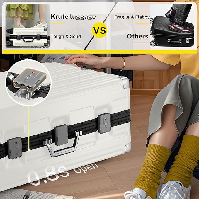 Krute Aluminum Frame Luggage 28 Inch Checked Suitcase with Spinner Wheels TSA Approved No Zipper Hard Shell Luggage PC+ABS Travel Suitcase White