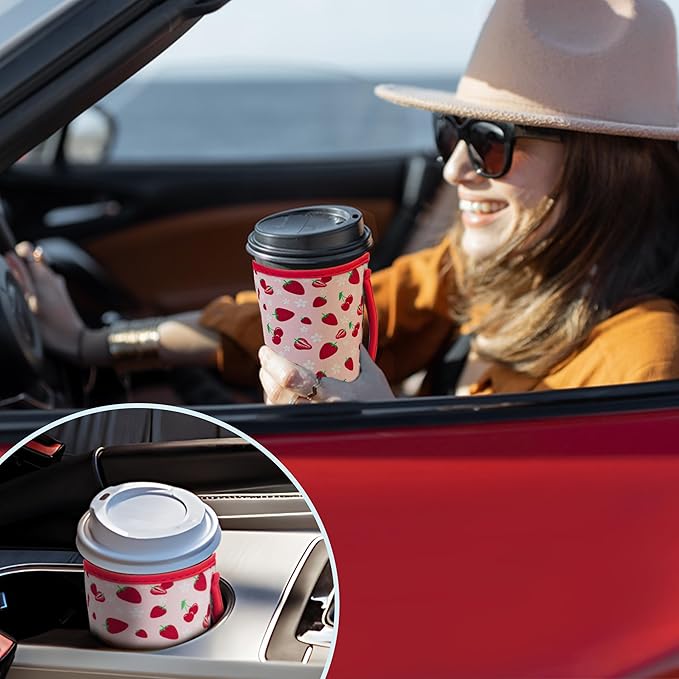 KJQJLY 3 Pack Reusable Iced Coffee Sleeves for Iced Coffee Cups or Drinks Reusable Neoprene Insulated Sleeves for Hot and Cold Drinks from Starbucks, Dunkin, And More (Strawberry)