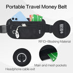Slim RFID Blocking Money Belt for Travel - Anti-Theft Hidden Passport Holder Waist Wallet with Secure Pouch for Cash, Credit Cards & Phone Safe (Black)