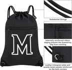 HOLYLUCK Drawstring Bags Initial Backpack Sackpack Cinch Bags for Sports, Gym, Travel, Beach (Black-M)