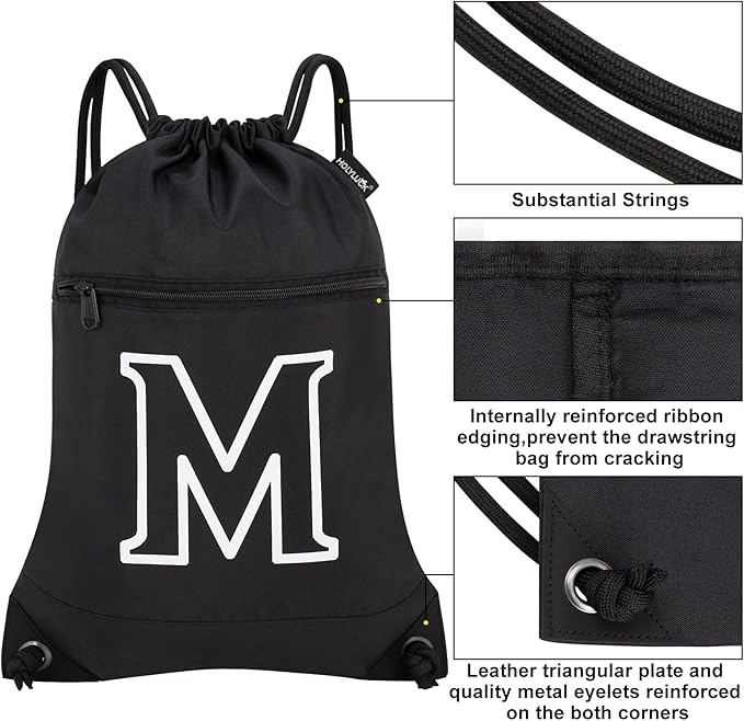 HOLYLUCK Drawstring Bags Initial Backpack Sackpack Cinch Bags for Sports, Gym, Travel, Beach (Black-M)