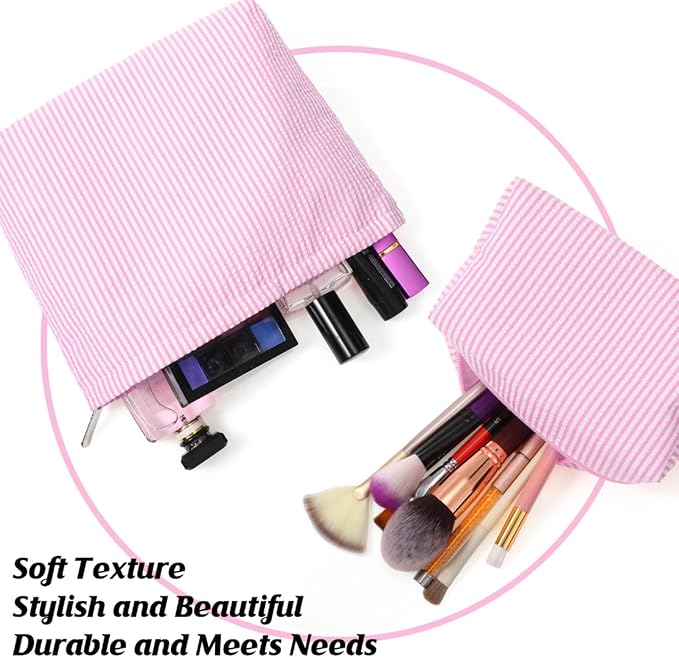 Huhumy 2 Pcs Makeup Bag Set Cute Cosmetic Pouch for Women Seersucker Travel Toiletry Bag Preppy Small Makeup Purse Pouch Aesthetic Skincare Brushes Storage Organizer for Valentine Women(Pink)