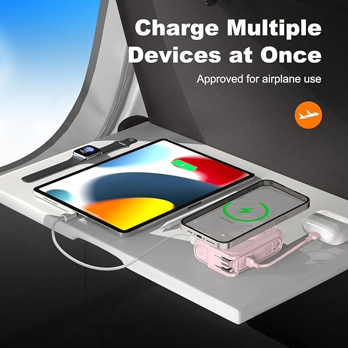 P05 Portable Charger, Magnetic Power Bank, Small Wireless PowerBank,Emergency Battery Pack 10000mAh Travel Essentials Fast Charging with Built in Cable, Wall Plug for iPhone,Samsung,Andriod (Pink)