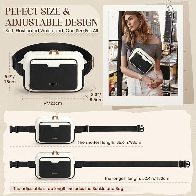 RAINSMORE Fanny Packs for Women, Leather Belt Bag Waterproof Everywhere Crossbody Waist Pack with Adjustable Strap Retro Sling Chest Bag for Work Running Travel Party, Black with White