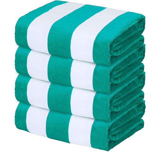 Exclusivo Mezcla 4 Pack Cotton Oversized 35x70 Inches Soft Cabana Stripe Thick Beach Towel, Super Absorbent Travel Bath Pool Towel (Turquoise)