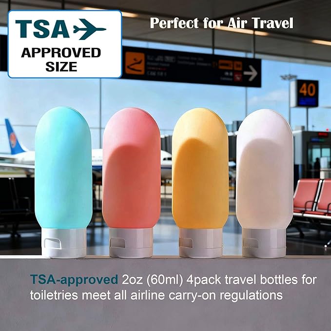 Travel Bottles for Toiletries: 4 Pack 2oz TSA Approved Travel Containers, BPA Free Leak-Proof Refillable Squeeze Bottles, Portable Travel Size Container for Shampoo Conditioner Lotion Body Wash