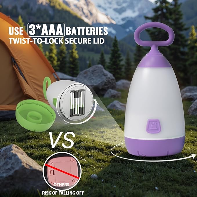 Kids Camping Lantern & Night Light Battery Powered, 360° Eye-Safe Light (AAA Included), IPX4 with RGB Modes Portable for Outdoor, Emergency , Gift for Children (Purple+Green 2 Pack)