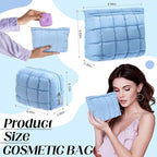 Huhumy 2 Pcs Puffy Makeup Bag Quilted Cosmetic Pouch for Women Cute Checkered Travel Toiletry Bag Puffer Makeup Organizer Purse Pouch Preppy Pencil Case with Zipper(Blue)
