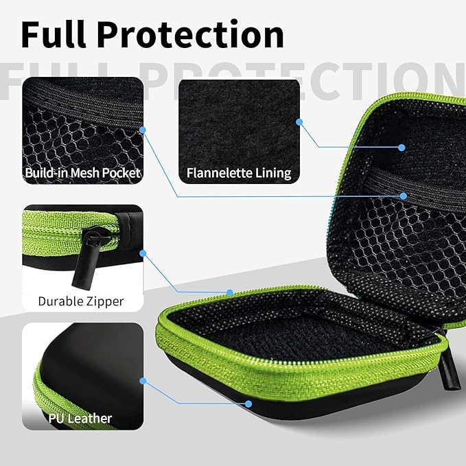 Square Earbud Case Portable EVA Carrying Case Storage Bag Tech Pouch Cell Phone Accessories Organizer with Carabiner for Earphone, Earbud, Earpieces, SD Memory Card, Camera Chips, Green
