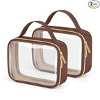 Wedama Clear Toiletry Bag, 2 Pack Clear Makeup Bags with Handles, Large Travel Bags PVC Cosmetic Bag for Women and Men, Carry on Airport Airline Compliant Bag, Brown