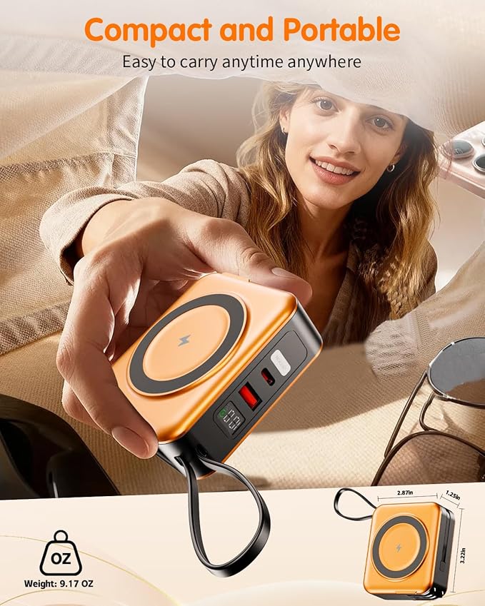 6-in-1 for Magsafe Portable Charger with Built-in Cables & Wall Plug,10000mAh Magnetic Wireless Power Bank,22.5W Fast Charging USB C Battery Pack,Travel Essentials for iPhone 17/16/15/14/13/12,Orange