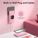 Magnetic 10000mAh Portable Charger for iWatch & iPhone, PD Fast Charging Wireless Power Bank Built-in Cables and Wall Plug, External Travel Battery Pack Compatible with iOS Android Phones
