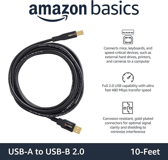 Amazon Basics USB-A to USB-B 2.0 Cable for Printer or External Hard Drive, Gold-Plated Connectors, Black, 10 Foot