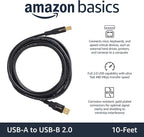 Amazon Basics USB-A to USB-B 2.0 Cable for Printer or External Hard Drive, Gold-Plated Connectors, Black, 10 Foot