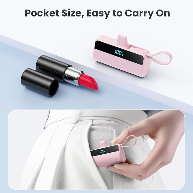 Small Portable Charger for iPhone with Built in USB C Cable, 5500mAh Mini Power Bank 20W PD Fast Charging, LCD Display Battery Pack for iPhone 17/16/15/14/13/12/11/X/8/6 Series Android Galaxy (Pink)