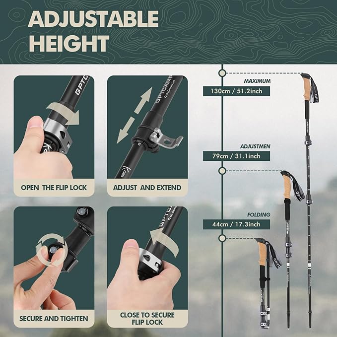 GPTCAMP Walking Sticks,Trekking Poles Collapsible Hiking Poles,Lightweight Folding Travel Walking Pole for Men Women,2pc Adjustable Hiking Stick with EVA Foam Grips for Backpacking