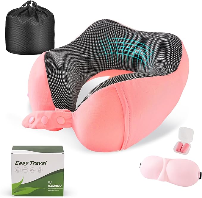 Cirorld Neck Pillow for Traveling, Travel Pillows for Airplanes,100% Pure Memory Foam Travel Neck Pillow, Adjustable Flight Pillow, Portable Plane Accessories with Eye Mask, Earplugs, Carry Bag
