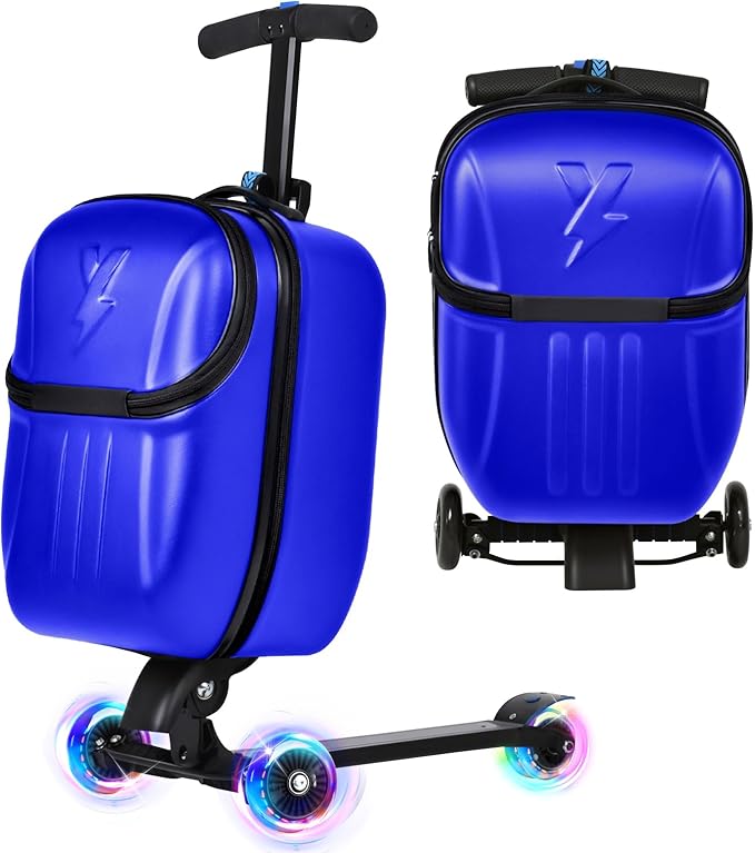 smilesun Foldable Ride On Scooter Suitcase with Front Opening, Lightweight Carry On Scooter Luggage for Adults, Teens & Kids（Blue 20-inch）